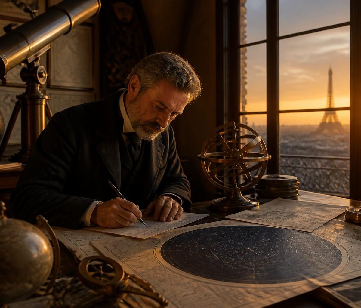 un astronome calcule l'heure du coucher du soleil à paris pour profiter au mieux des soirées.