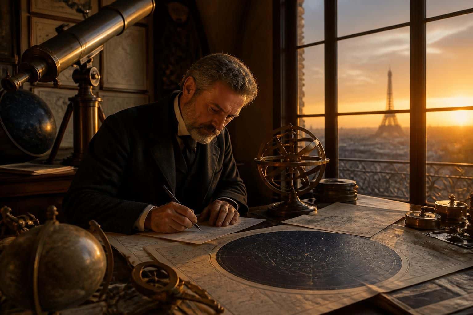 un astronome calcule l'heure du coucher du soleil à paris pour profiter au mieux des soirées.